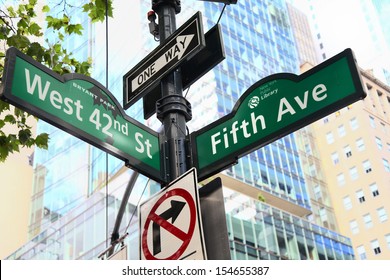 New York City Fifth Avenue And West 42nd Street Sign Post.