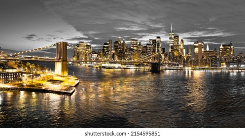 New York City Golden Lights On Black And White Background Panoramic View, Brooklyn Bridge, United States Of America