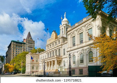 New York City Government City Hall Building In City Hall Park In The Civic Center Area Of Lower Manhattann. View From Nassau Street And Broklyn Bridge Side. Famous NYC Sightseeing Places