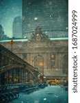 New York City Grand Central station with winter snow street view