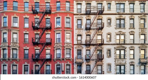 New York City historic apartment building panoramic exterior view with windows and fire escapes
