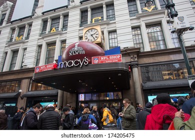 NEW YORK CITY - JAN. 31, 2014:  Macy's Herald Square On Broadway Takes Part In Super Bowl Excitement.  To Celebrate Super Bowl XLVIII Broadway In Manhattan Is Transformed To Super Bowl Boulevard.