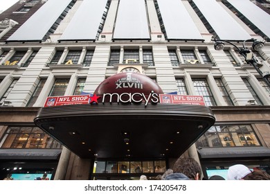 NEW YORK CITY - JAN. 31, 2014:  Macy's Herald Square On Broadway Takes Part In Super Bowl Excitement.  To Celebrate Super Bowl XLVIII Broadway In Manhattan Is Transformed To Super Bowl Boulevard.