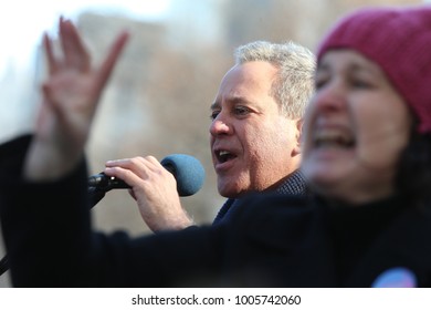 NEW YORK CITY - JANUARY 20 2018: Hundreds Of Thousands Gathered To Rally & March To Commemorate The One Year Women's March In Protest Of Trump's Presidency. NY State Attorney General Eric Schneiderman