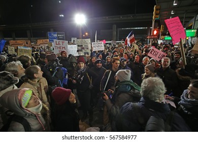NEW YORK CITY - JANUARY 28 2017: Thousands of activists joined NYC council members to protest the detention of travelers with entry visas at JFK airport. 