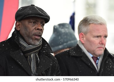 NEW YORK CITY - JANUARY 31 2017: Thousands Of Union & Non-union Construction Workers Rallied By City Hall To Urge Passage Of Bill 1447 To Improve Safety. Jimmy Bramer & I Daneek Miller