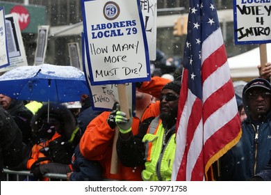 NEW YORK CITY - JANUARY 31 2017: Thousands of union & non-union construction workers rallied by City Hall to urge passage of bill 1447 to improve safety