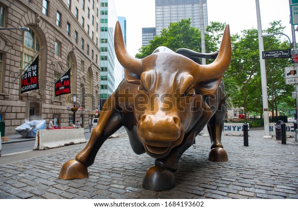 NEW YORK CITY - JUL. 14,\
2018: Wall Street Bull in Wall Street in Lower Manhattan, New York\
City, USA.