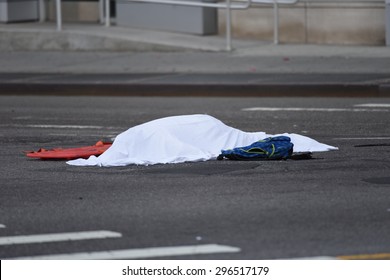 NEW YORK CITY - JULY 13 2015: NYPD Collision Investigators On Scene At The Intersection Of Flatbush & Atlantic Aves Where A Hit & Run Collision Led To The Death Of A Bicyclist & Multiple Injuries