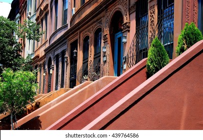 New York City - July 13, 2007:  Beautifully Restored Early 20th Century Brownstones With Stoops On West 120th Street In Harlem