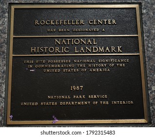 NEW YORK CITY - JULY 16, 2020: Rockefeller Center Designated National Historic Landmark Sign. Rockefeller Center Was Built By The Rockefeller Family During The Great Depression