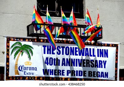 New York City - July 18, 2009:    Rainbow Flags And Sign Proclaim 40 Years Of Gay Pride Decorate The Facade Of The Stonewall Inn Where The Gay Liberation Movement Began In June 1969