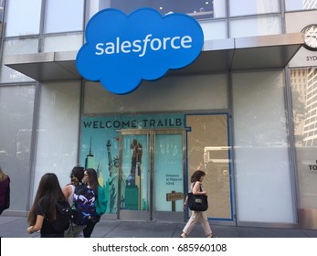 NEW YORK CITY - JULY 18, 2017: Salesforce Tower exterior and logo. Salesforce.com inc. (CRM) is American cloud computing company revenue CRM customer relationship management. Marc Benioff NYSE: CRM
