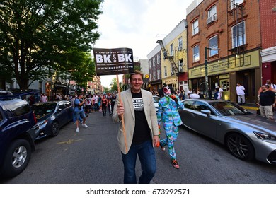 NEW YORK CITY - JULY 2 2017: The 11th Annual Zombie Crawl NYC Filled Williamsburg & Greenpoint With Hordes Of Sodden Undead. Brooklyn Borough President Candidate Ben Kissel Leads Zombie March