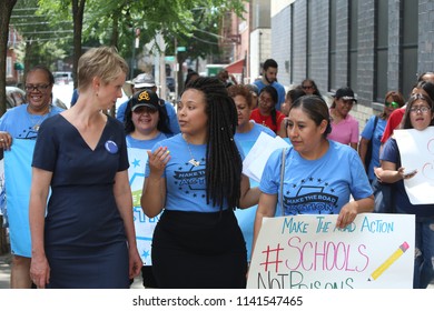 NEW YORK CITY - JULY 24 2018: Gubernatorial Candidate Cynthia Nixon Was Jointed By NYS Senate Candidate Jessica Ramos & NYC Councilmember Jimmy Van Bramer On A Tour Of The Exteriors Of PS 019 & PS 16.