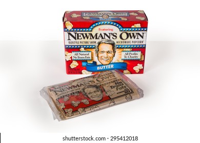 NEW YORK CITY - JULY 9, 015:  Box And Package Of Newman's Own Microwave Popcorn Against A White Background