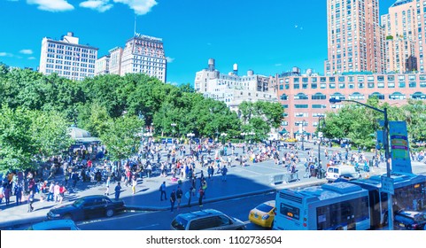 NEW YORK CITY - JUN 11: Union Square June 11, 2013 In New York, NY. The Commissioners' Plan Of 1811 Created Such An Awkward Angle At The Location That A Square Was Preferred Over Buildings