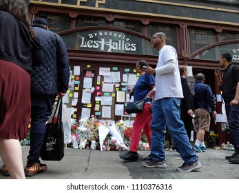 NEW YORK CITY - JUN 11 2018: Memorial outside of Les Halles Brasserie for the late celebrity chef and author Anthony Bourdain. He worked here in the 1990s. This location closed in 2016.