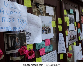 NEW YORK CITY - JUN 11 2018: Memorial outside of Les Halles Brasserie for the late celebrity chef and author Anthony Bourdain. He worked here in the 1990s. This location closed in 2016.