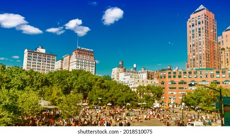 NEW YORK CITY - JUN 11: Union Square June 11, 2013 In New York, NY. The Commissioners' Plan Of 1811 Created Such An Awkward Angle At The Location That A Square Was Preferred Over Buildings