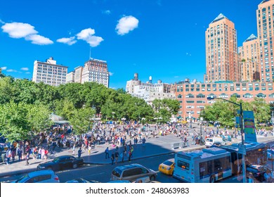 NEW YORK CITY - JUN 11: Union Square June 11, 2013 In New York, NY. The Commissioners' Plan Of 1811 Created Such An Awkward Angle At The Location That A Square Was Preferred Over Buildings