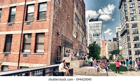 NEW YORK CITY - JUN 15: High Line Park In NYC Seen On June 15, 2013. The High Line Is A Public Park Built On An Historic Freight Rail Line Elevated Above The Streets On Manhattans West Side