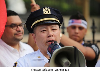 NEW YORK CITY - JUNE 14 2015: The First Sunset Park Puerto Rico Day Parade In Three Decades Was Held Along 5th Avenue In Brooklyn Late In The Evening To Permit Attendance At The Manhattan Parade