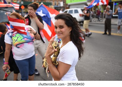 NEW YORK CITY - JUNE 14 2015: The First Sunset Park Puerto Rico Day Parade In Three Decades Was Held Along 5th Avenue In Brooklyn Late In The Evening To Permit Attendance At The Manhattan Parade