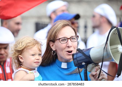 NEW YORK CITY - JUNE 14 2015: The First Sunset Park Puerto Rico Day Parade In Three Decades Was Held Along 5th Avenue In Brooklyn Late In The Evening To Permit Attendance At The Manhattan Parade