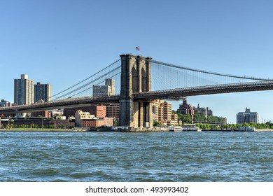 New York City - June 15, 2012: View of the Brooklyn Bridge as seen from the East Side of Manhattan, New York.