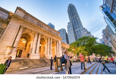 NEW YORK CITY - JUNE 2013: Exterior View Of New York Public Library And Fifth Avenue At Sunset.