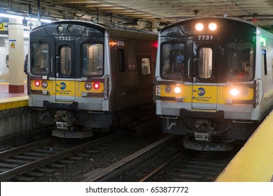 New York City - June 2017: Long Island Railroad LIRR Trains Sit In Penn Station - Midtown Manhattan. Delayed Train Cause Commute Business People To Wait For Travel