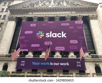 NEW YORK CITY - JUNE 21, 2019: Slack Technologies Inc. (NYSE: WORK) Initial Public Offering IPO With Direct Listing On New York Stock Exchange. Stewart Butterfield CEO. Workplace SAAS Software.