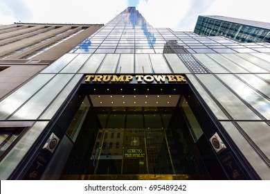 New York City - June 25, 2017: Gold facade of Trump Tower, the 68 story skyscraper home to Trump Organization political headquarters, luxury offices and residences.