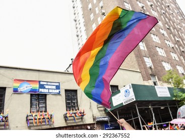 NEW YORK CITY - JUNE 28 2015: The 45th Annual LGBT Pride Parade Drew An Estimated Two Million Spectators Buoyed By The Supreme Court's Obergefell Ruling On Same Sex Marriage. Rainbow Flag.