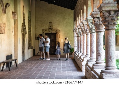 New York City, New York - June 29, 2019:  View of the Met Cloisters in Washington Height Manhattan with architectural details and people visiting in sight. 