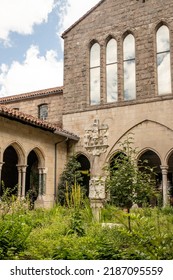 New York City, New York - June 29, 2019: View of the Met Cloisters in Washington Height Manhattan with architectural details and garden
