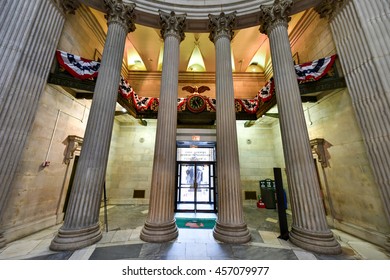 New York City - June 29, 2016: Interior Of The Federal Hall On Wall Street Where George Washington Took The Oath Of Office As The First President Of The United States Of America.