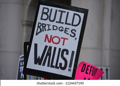 New York City, June 30, 2018 - Person Holding A Sign At The Families Belong Together March For Immigrants In Lower Manhattan.