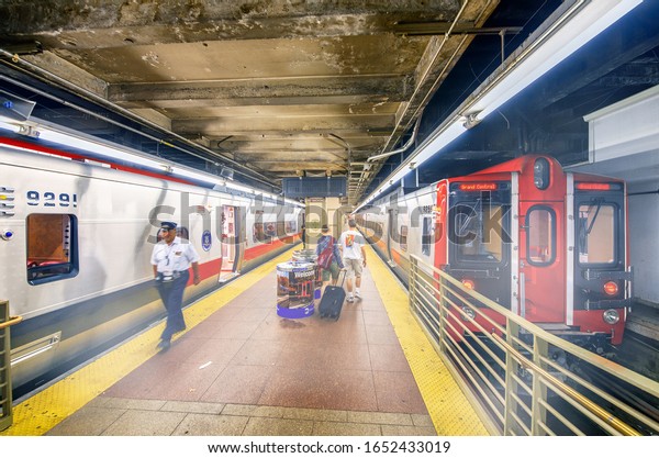 NEW YORK CITY - JUNE 8, 2013: Grand Central Train\
station with two trains.