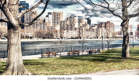New York City Manhattan buildings from Queensbridge Park on a beutiful winter day.