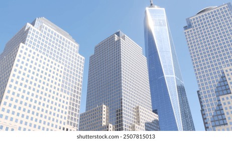 New York City Manhattan, Downtown Financial District architecture, United States. One World Trade Center skyscraper building, USA. American urban street. Freedom tower in NYC. Battery park. Brookfield - Powered by Shutterstock