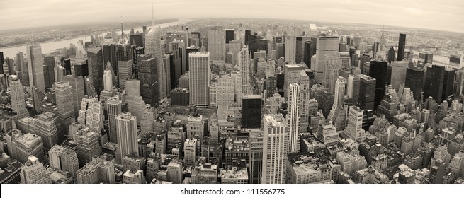 New York City Manhattan Panorama Aerial View At Dusk With Urban City Skyline And Skyscrapers Buildings