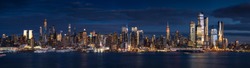 New York City (Manhattan) Panoramic View At Dusk From The Hudson River. The View Includes The Skyscrapers Of Midtown West (Hudson Yards Redevelopment Project). NYC, NY, USA