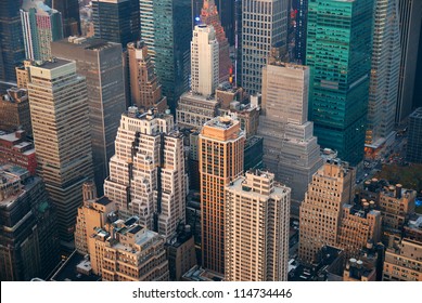 New York City Manhattan Skyline Aerial View With Street And Skyscrapers At Sunset.