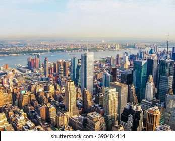 New York City Manhattan Skyline, Helicopter Flight View.  United States