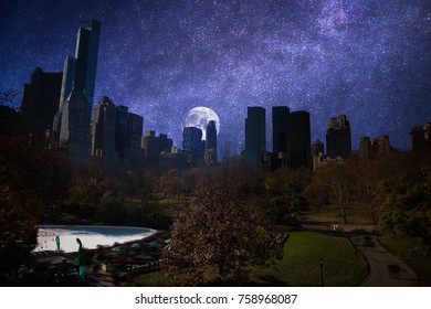 New York City Manhattan Skyline, U.S.A. Colorful Sunset. Night, The Starry Sky And The Moon Shine.