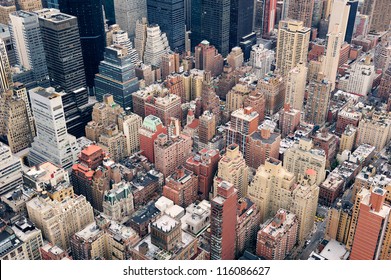 New York City Manhattan Street Aerial View With Skyscrapers, Pedestrian And Busy Traffic.