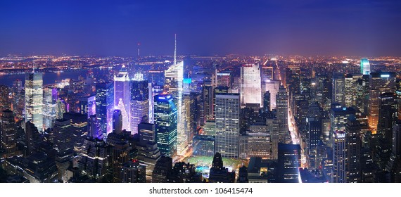 New York City Manhattan Times Square Skyline Aerial View Panorama At Night With Skyscrapers And Street.