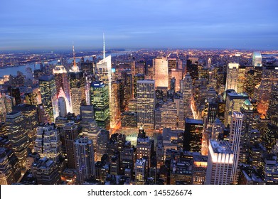 New York City Manhattan Times Square Night City Skyline Aerial View With Urban Skyscraper Illuminated.